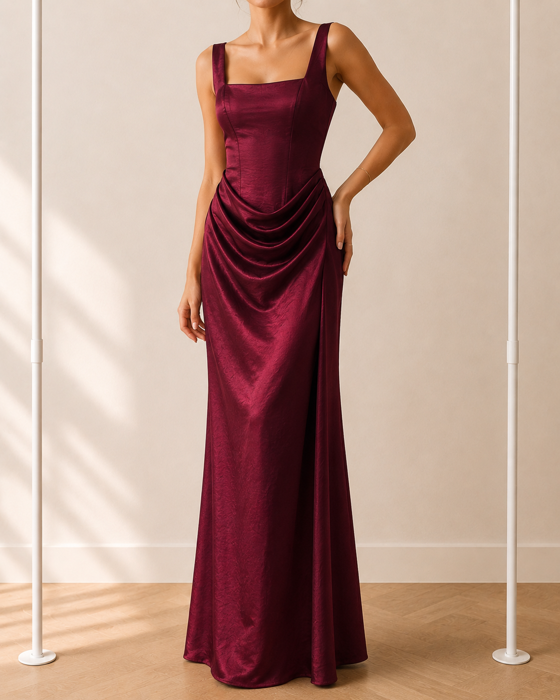 Burcu - Lange Avondjurk - Burgundy | Gedrapeerde Taille