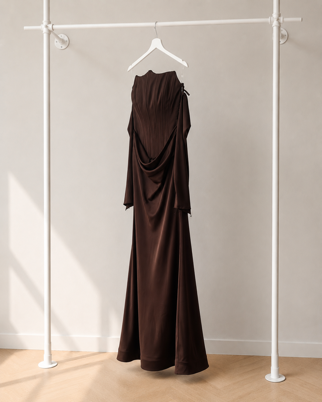 Ilya - Lange Avondjurk - Espresso Brown | Draped Off Shoulder