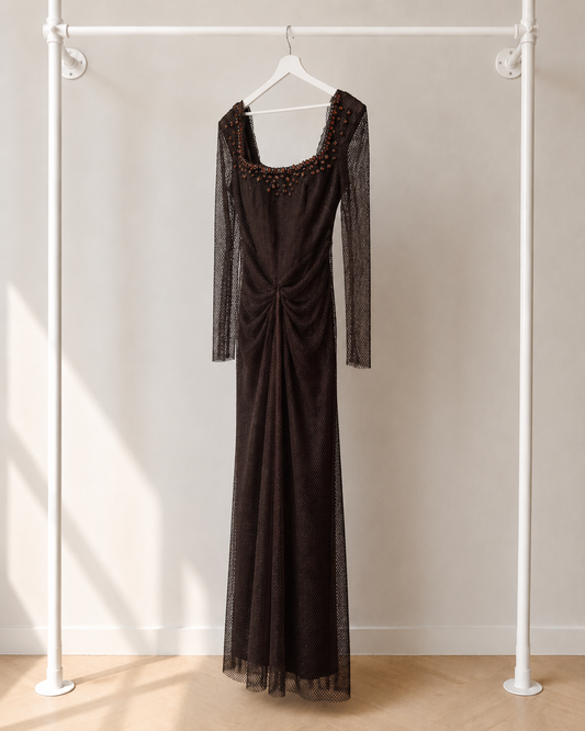 Asya - Lange Avondjurk - Espresso Brown | Lange Mouw