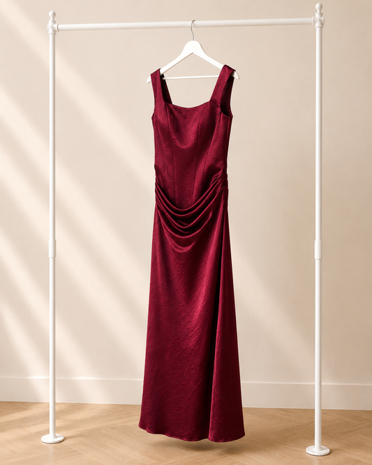 Burcu - Lange Avondjurk - Burgundy | Gedrapeerde Taille