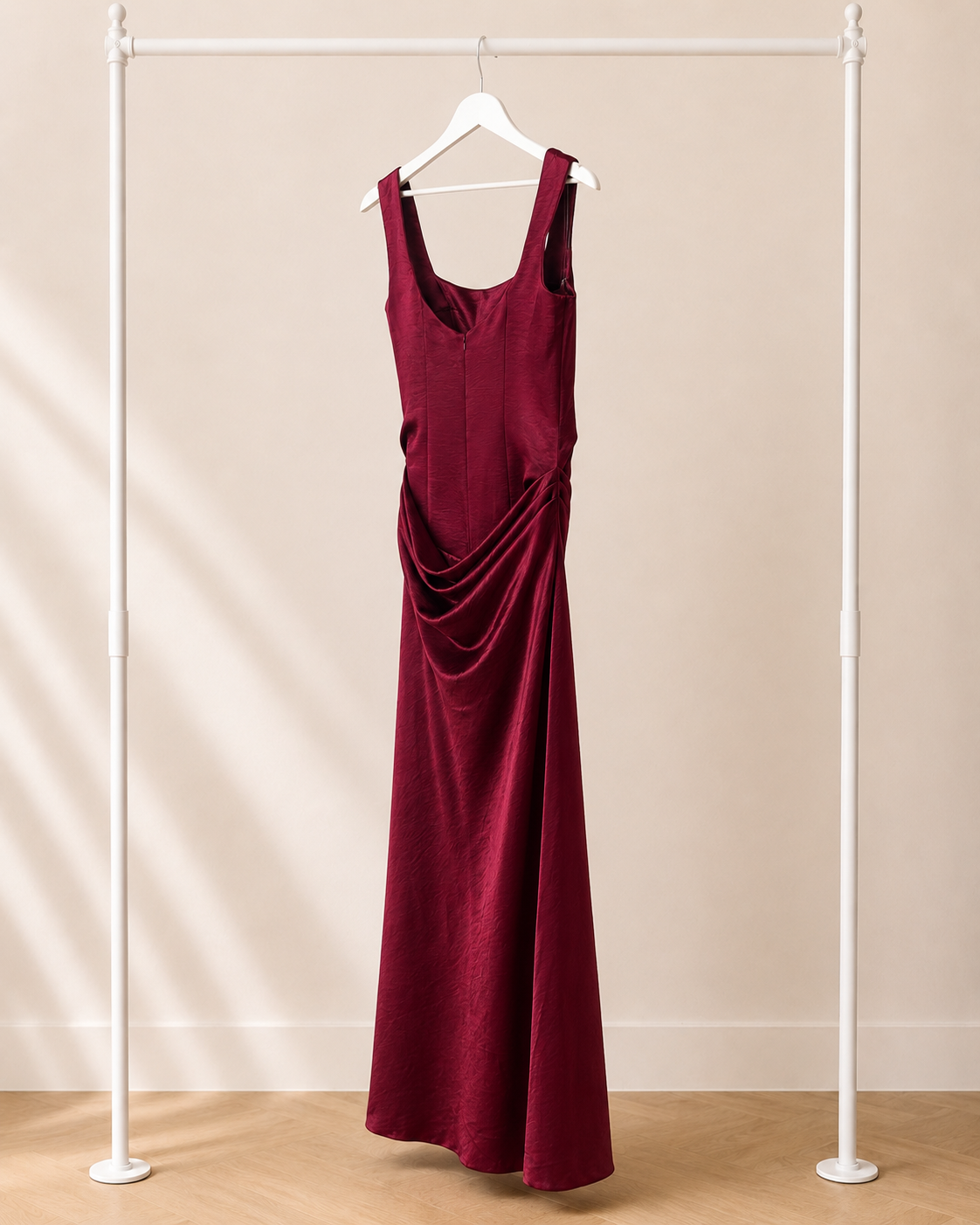 Burcu - Lange Avondjurk - Burgundy | Gedrapeerde Taille