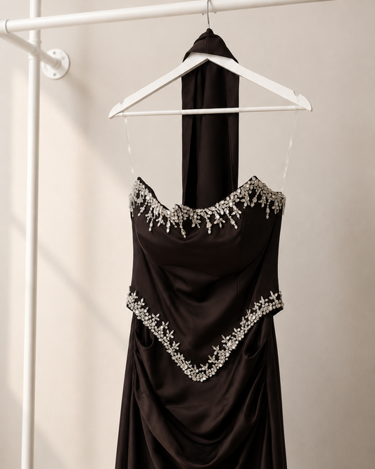 Celestia - Lange Avondjurk - Espresso Brown | Gedrapeerde Halter