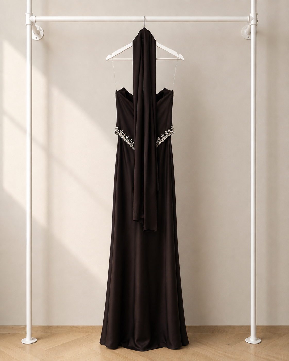 Celestia - Lange Avondjurk - Espresso Brown | Gedrapeerde Halter