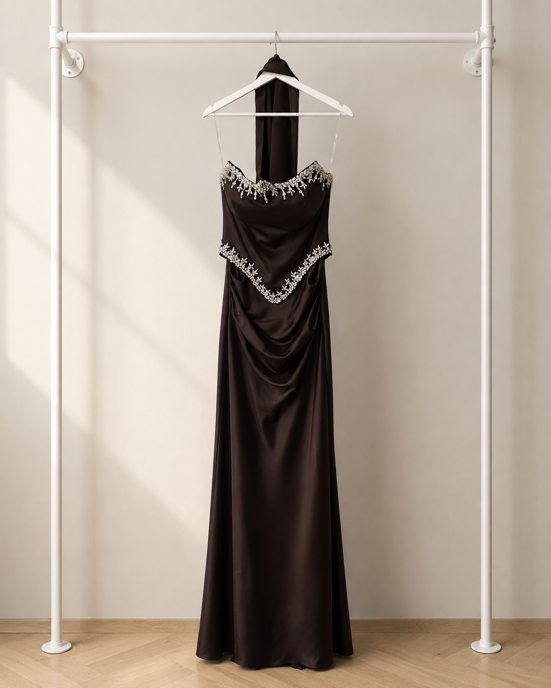 Celestia - Lange Avondjurk - Espresso Brown | Gedrapeerde Halter