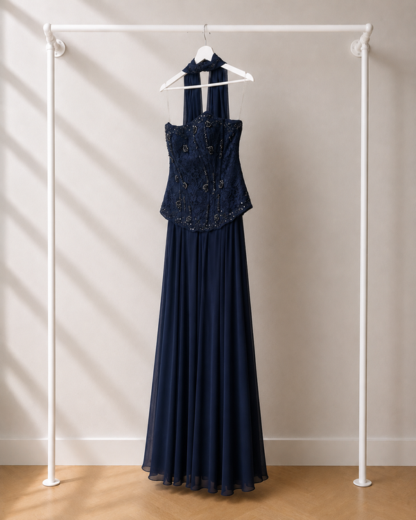 Defne - Lange Avondjurk - Navy Blue | Halter