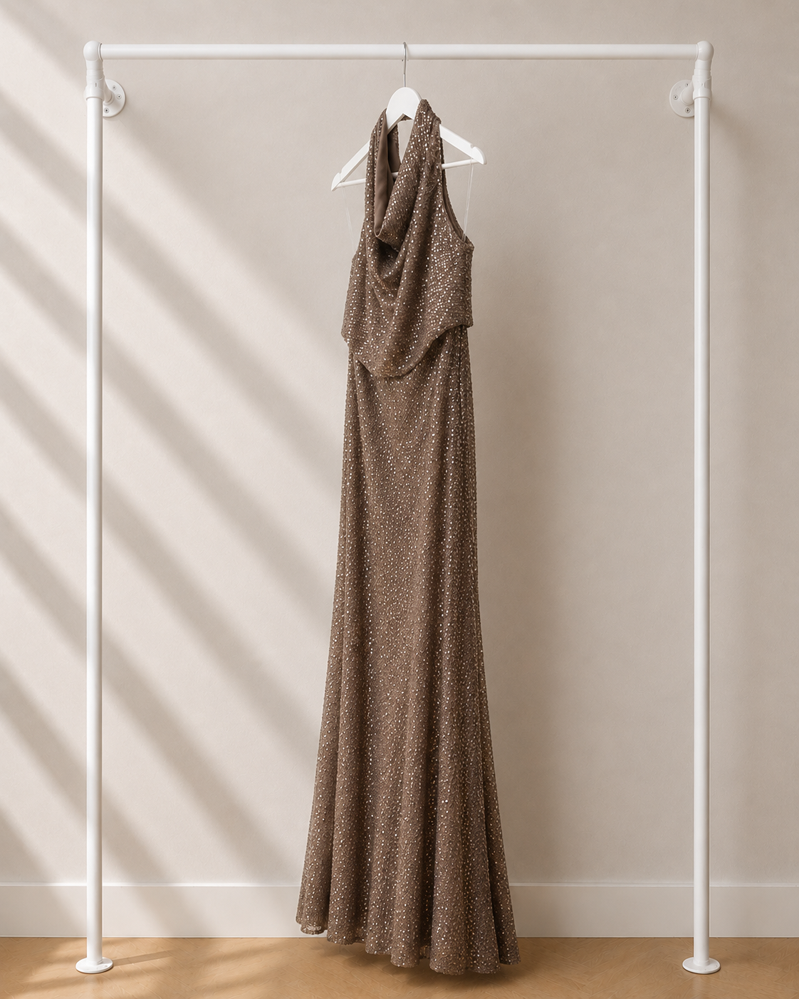 Hayat - Lange Avondjurk - Taupe Brown | High Neck