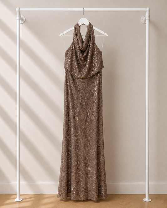 Hayat - Lange Avondjurk - Taupe Brown | High Neck