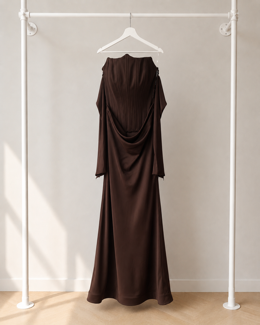 Ilya - Lange Avondjurk - Espresso Brown | Draped Off Shoulder