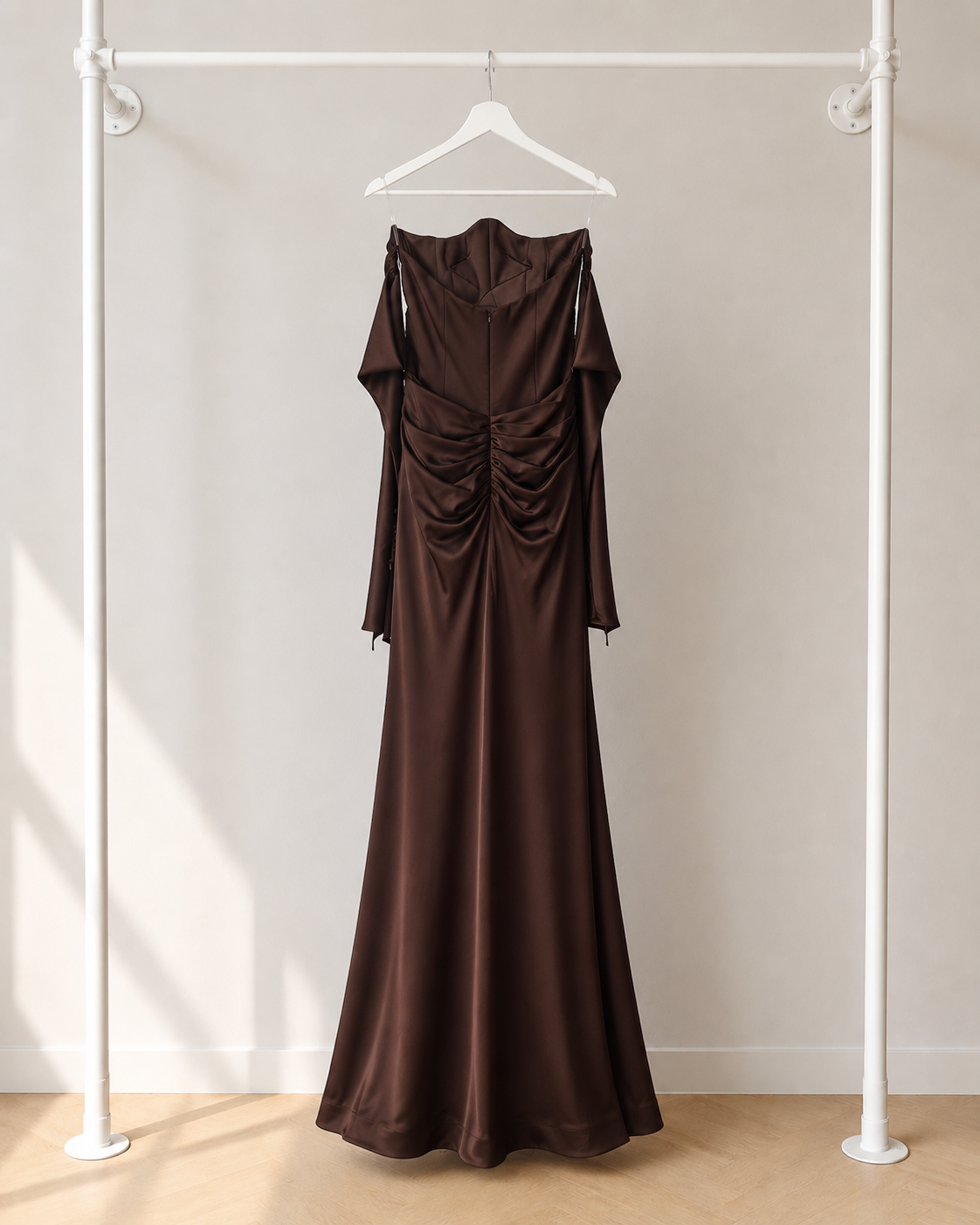 Ilya - Lange Avondjurk - Espresso Brown | Draped Off Shoulder