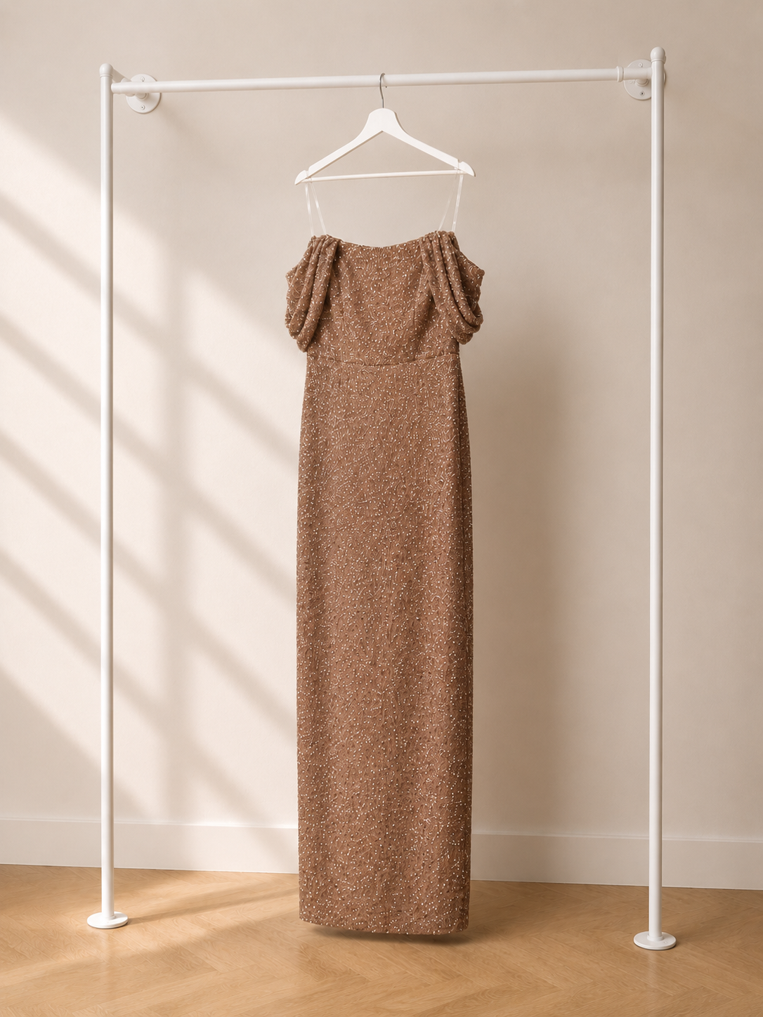 Keyla - Lange Avondjurk - Taupe Champagne | Pofmouw