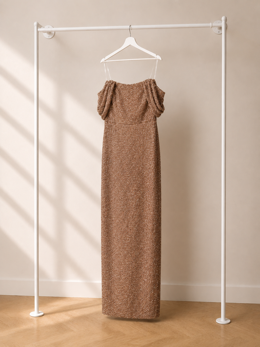 Keyla - Lange Avondjurk - Taupe Champagne | Pofmouw